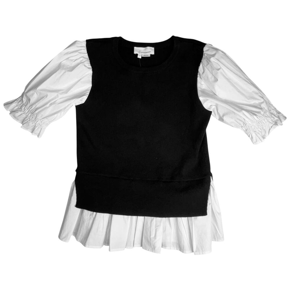 ANTHROPOLOGIE WOMEN'S BLACK KNIT WHITE POPLIN LAYERED TUNIC TOP PUFF SLEEVE SZ S